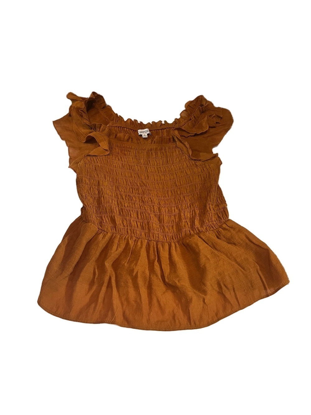 Nanette Lepore Rust Smocked Peplum Top Ruffle Neckline Medium
